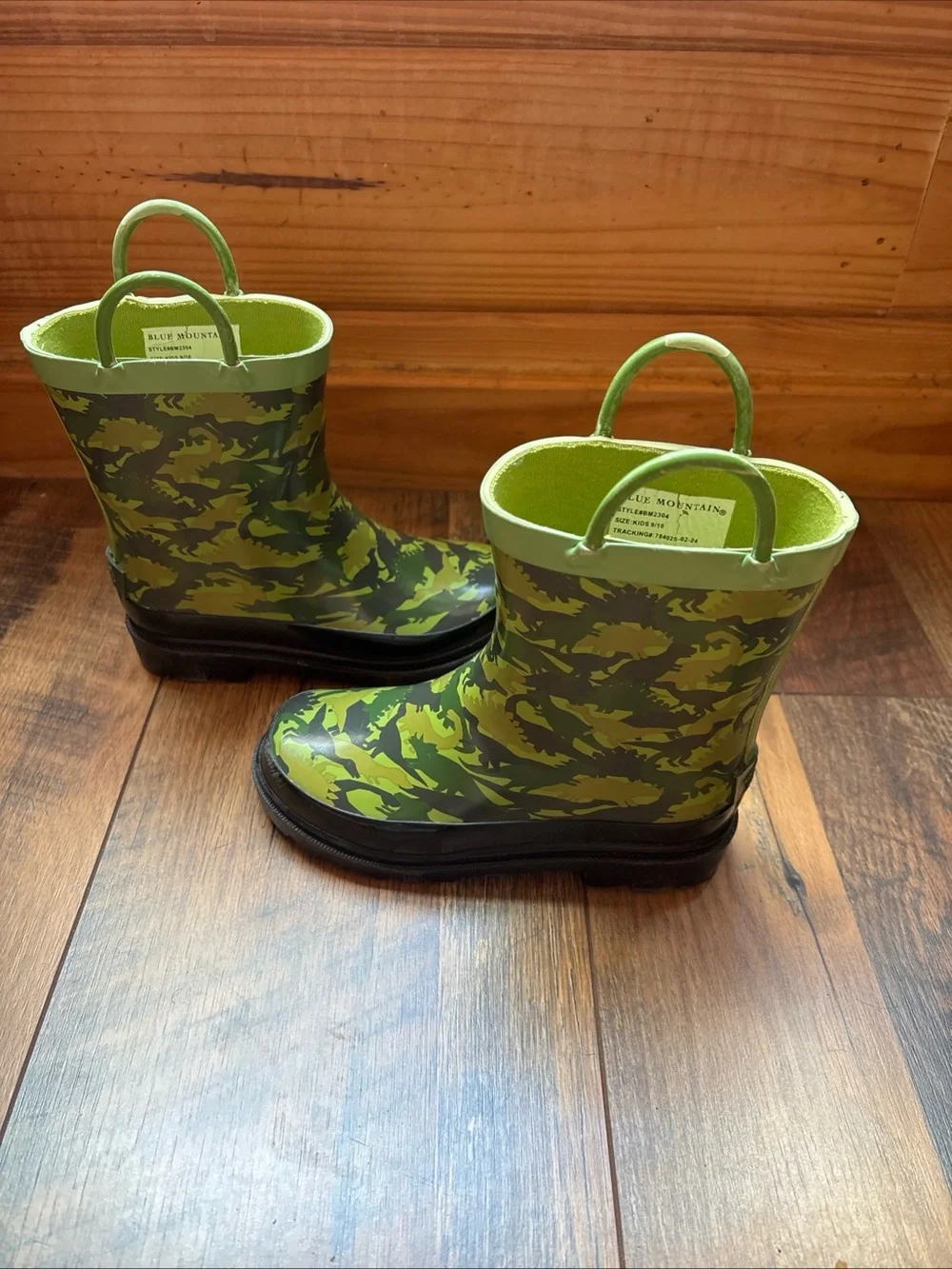 Blue mountain dinosaur print rain boots child size 9/10